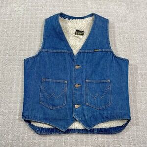 Vintage 70s Wrangler Sherpa Lined Denim Size Large Cowboy Western Jean Vest